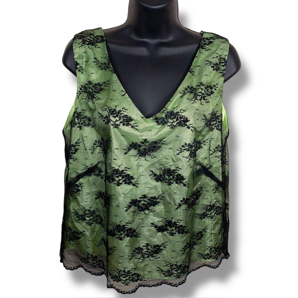 Size 12 Studio I Green Black Lace Satin Sleeveless Blouse Top Vneck  Glam